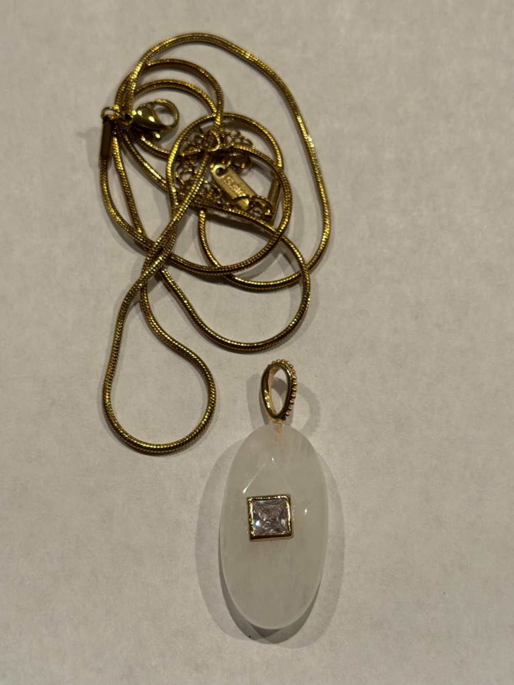 Gold-Tone white Quartz Pendant Necklace with in Square Crystal Accent